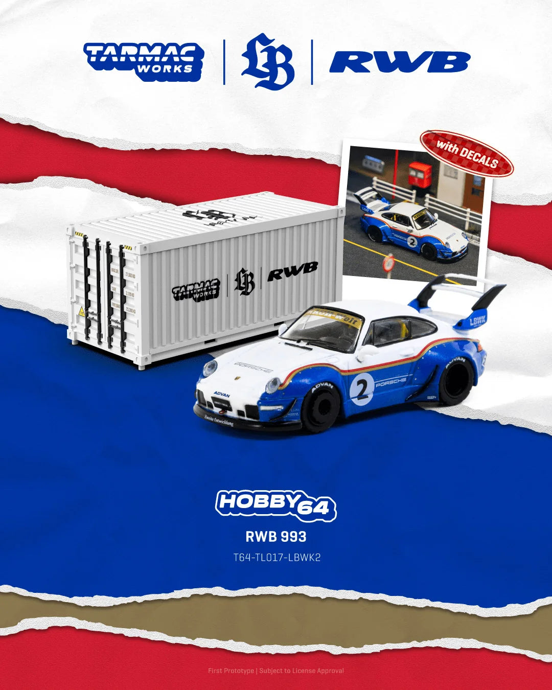 *PRESALE Tarmac Works Porsche 911 993 RWB LBWK Niebiesko Biały z Kontenerem
