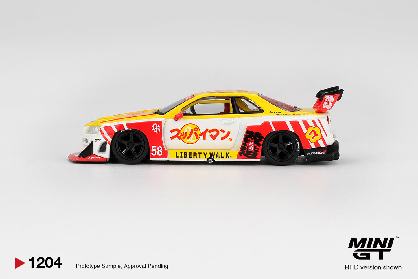 *PRESALE Mini GT #1204 Nissan Skyline GT-R R34 Super Silhouette LBWK Żółty *PUDEŁKO