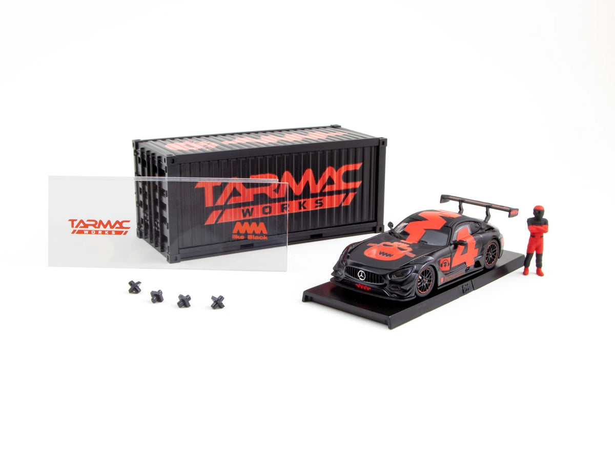 *PRESALE Tarmac Works Mercedes Benz AMG GT3 #4 Czarny z Kontenerem i Figurką *Czerwony Napis