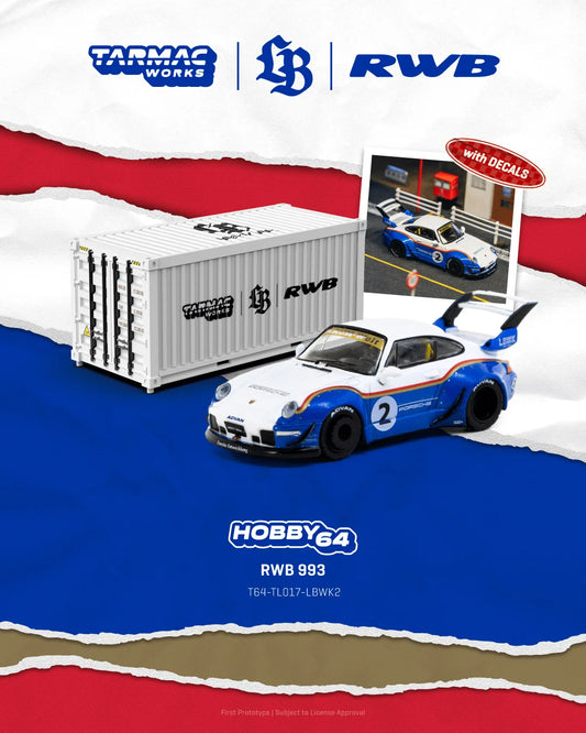 *PRESALE Tarmac Works Porsche 911 993 RWB LBWK Niebiesko Biały z Kontenerem