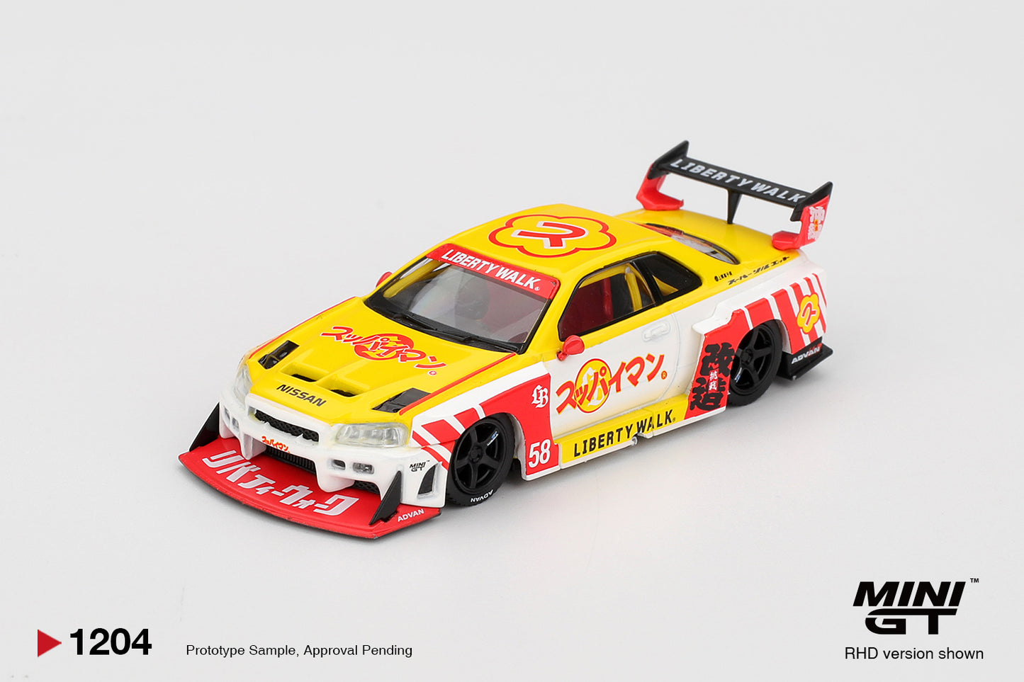 *PRESALE Mini GT #1204 Nissan Skyline GT-R R34 Super Silhouette LBWK Żółty *PUDEŁKO