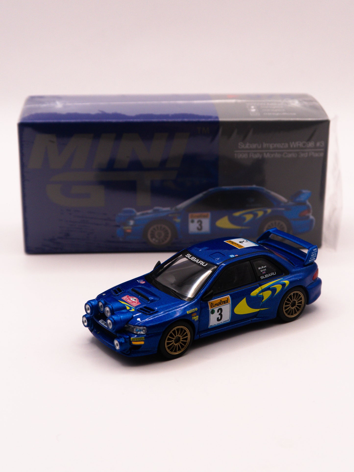 Mini GT #975 Subaru Impreza WRC98 #3 1998 Monte-Carlo 3rd Place Blue *BOX