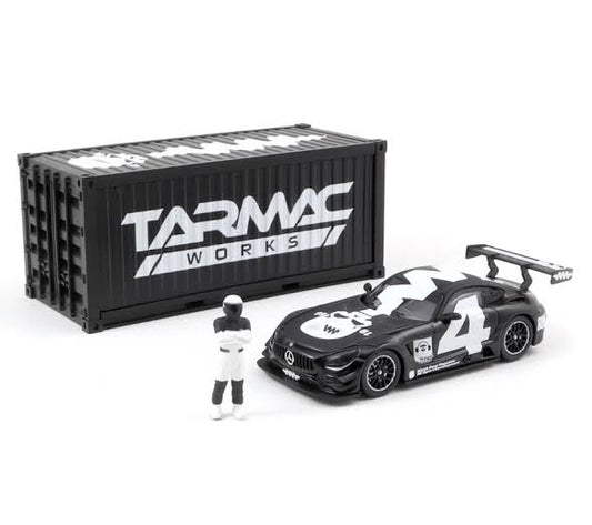 *PRESALE Tarmac Works Mercedes Benz AMG GT3 #4 Czarny z Kontenerem i Figurką *Biały Napis