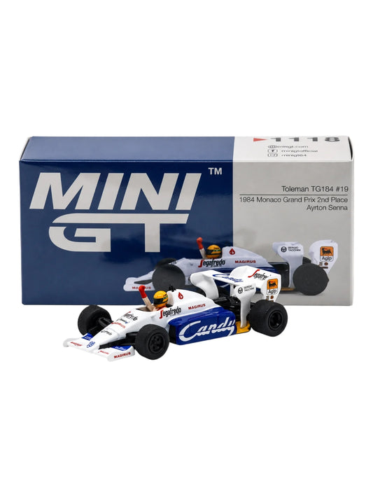 *PRESALE Mini GT #1118 Toleman TG184 #19 Ayrton Senna Monaco GP 2nd Place *Pudełko